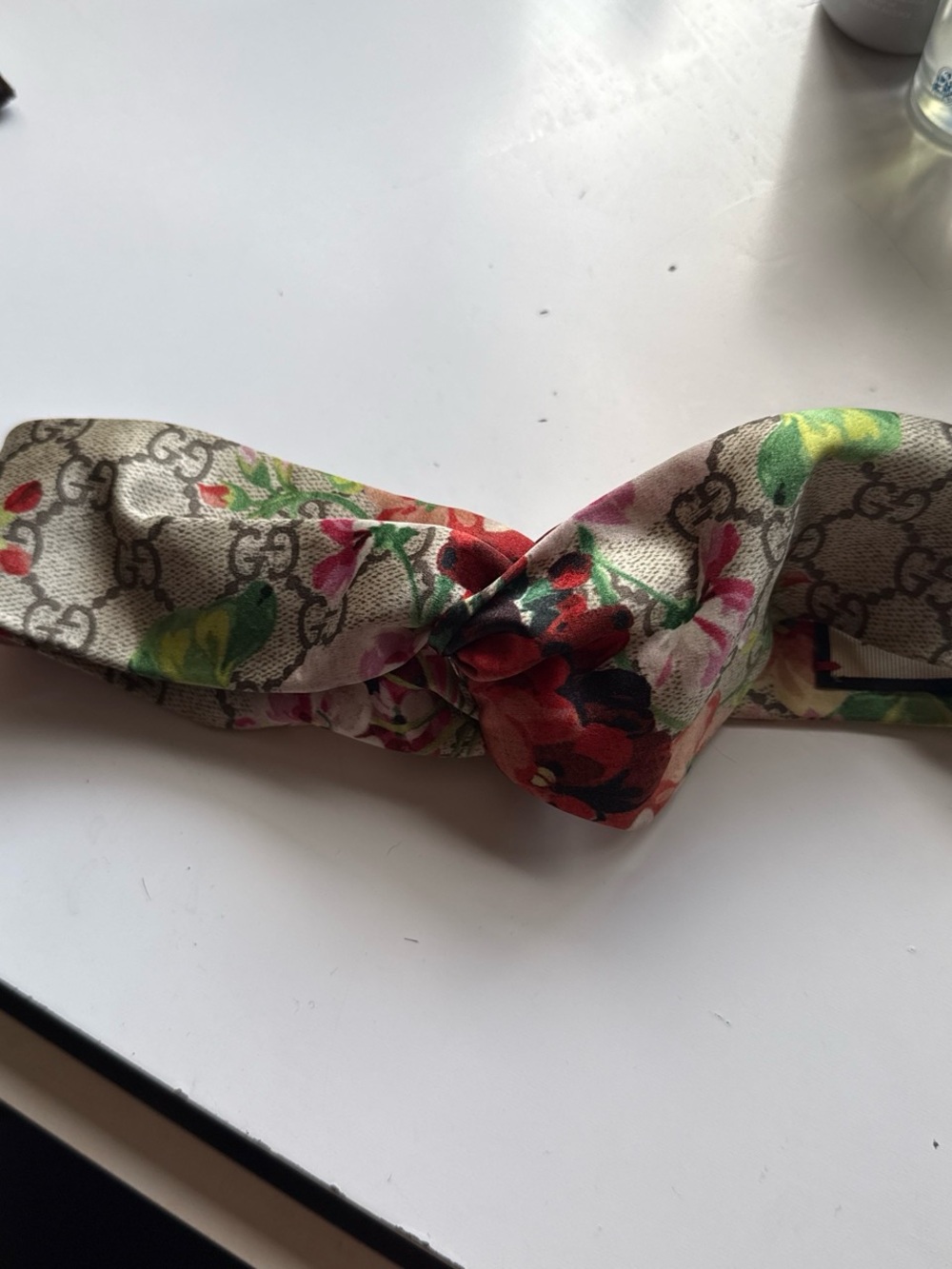 Gucci Beige Silk Headband with Multicolor Floral Print